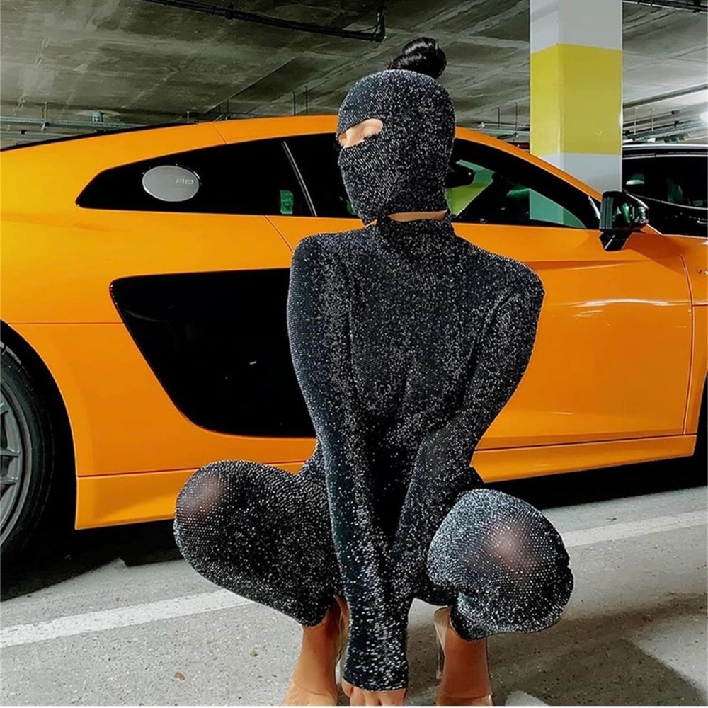Bodycon see through jumpsuit w/h mask.
